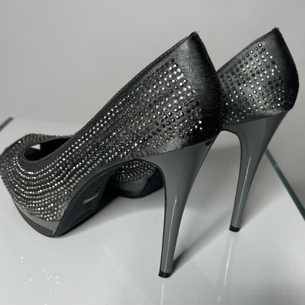Satin Grey Peep-Toe Platform Stiletto Party, Prom, Birthday Heels w/ Rhinestones